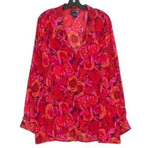 Venezia Top Sheer Floral Rose Button Y2K Cottage Boho Romantic Bold Red 26/28